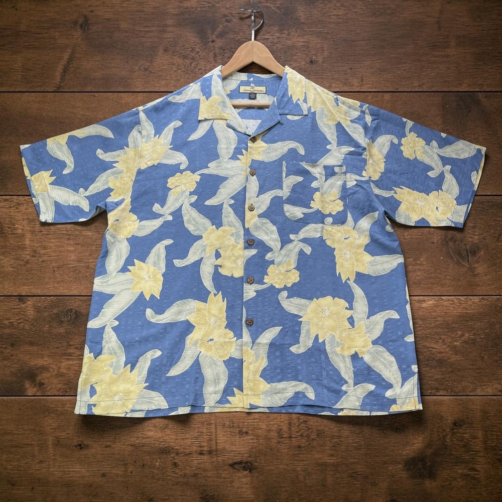 Tommy Bahama Mens XL Silk Tropical Floral Button Down Camp Shirt Blue Yellow